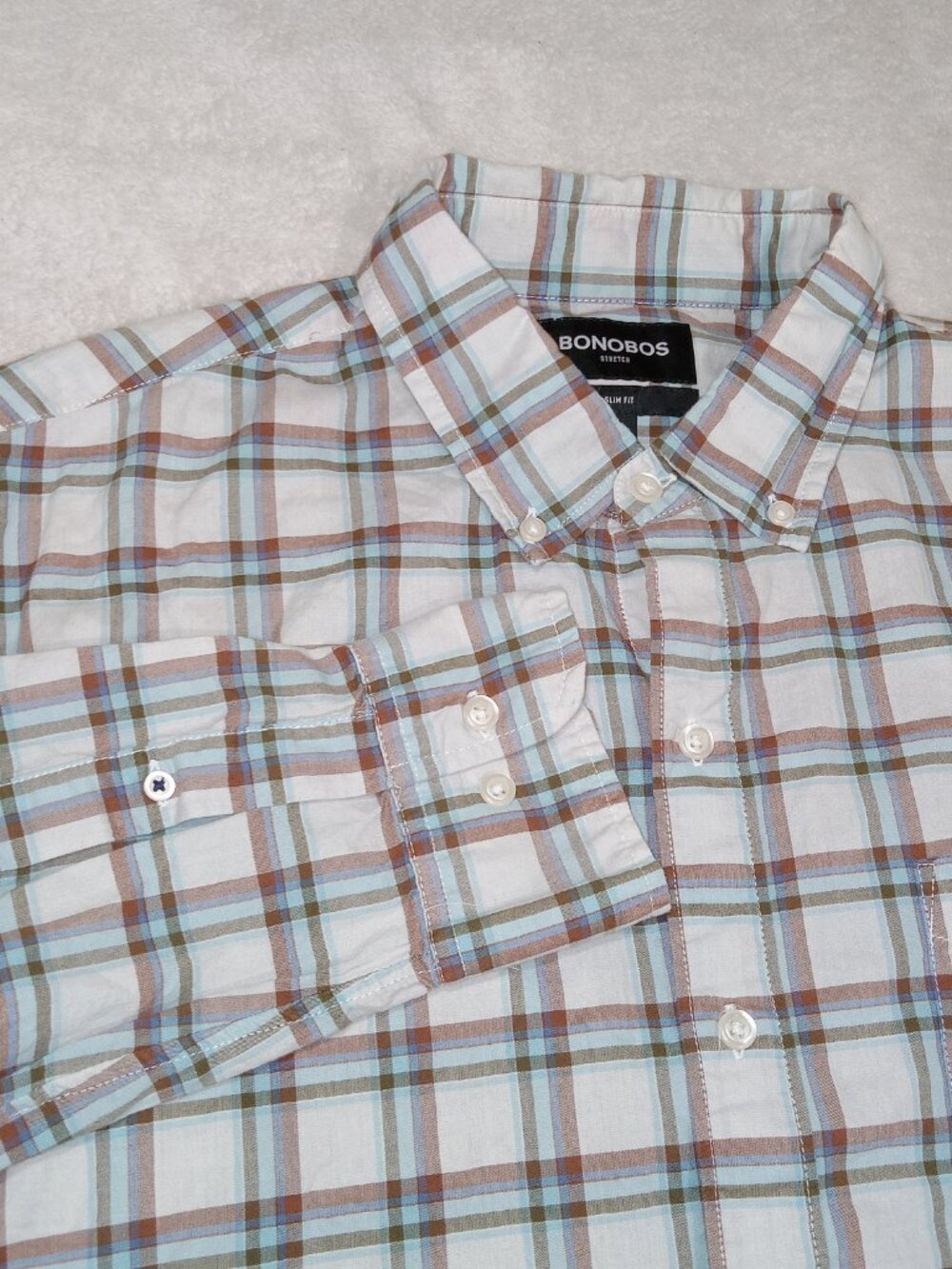 Bonobos Mens XL Slim Fit Stretch Plaid Button Down Shirt Blue Brown Casual